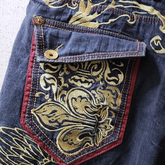 Vintage Clench Jeans Kanji Dragon Embroidery 42x32" Baggy Affliction Style 90s - Picture 3 of 16